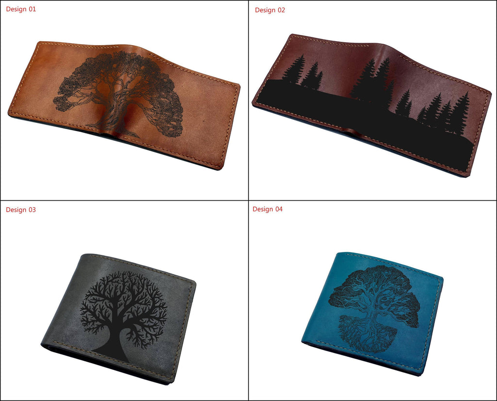 Handmade Leather Men's Wallet, Tree Forest Engraved, Personalized Gift
