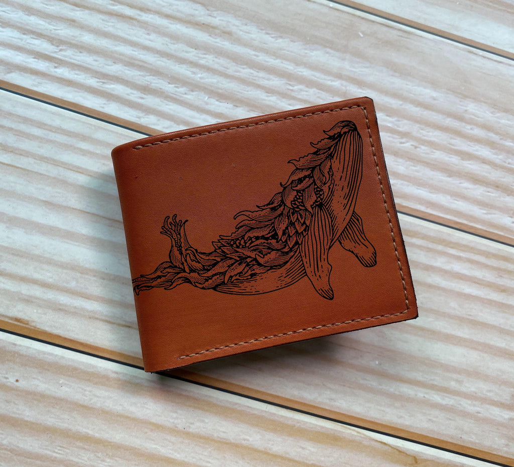 Personalized Leather Bifold Wallet: Whale & Ship Sketch Art