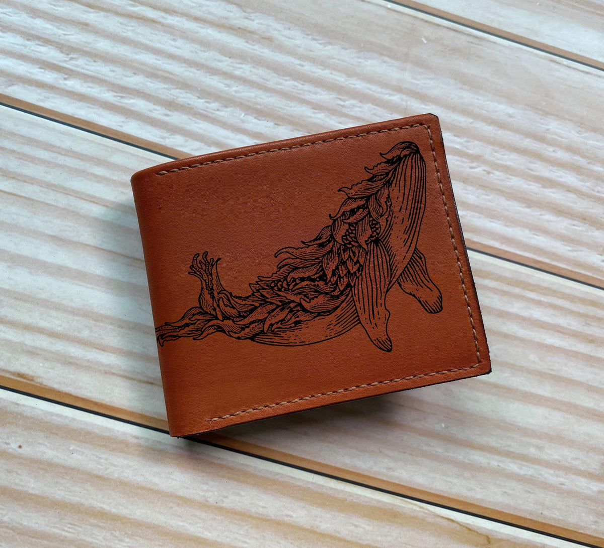 Personalized Leather Bifold Wallet: Whale & Ship Sketch Art
