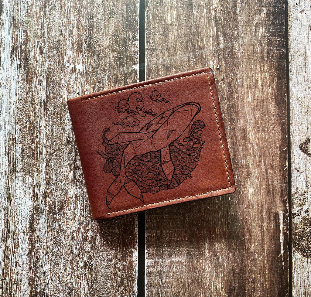 Personalized Leather Bifold Wallet: Whale & Ship Sketch Art
