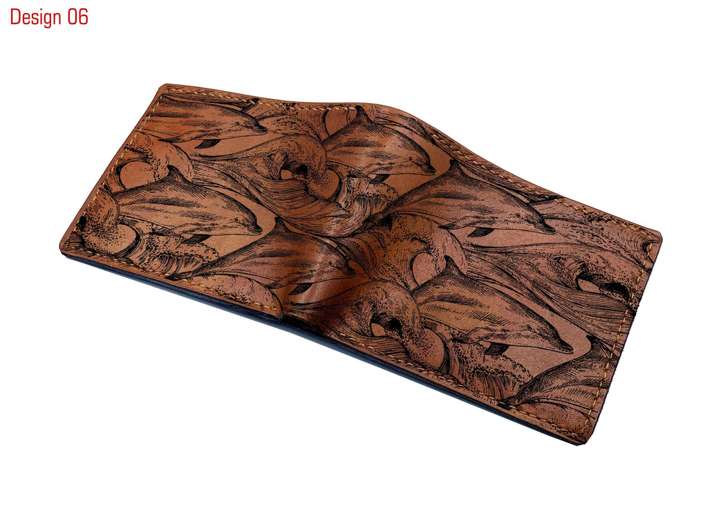 Handmade Leather Bifold Wallet, Fish Pattern, Gift for Him
