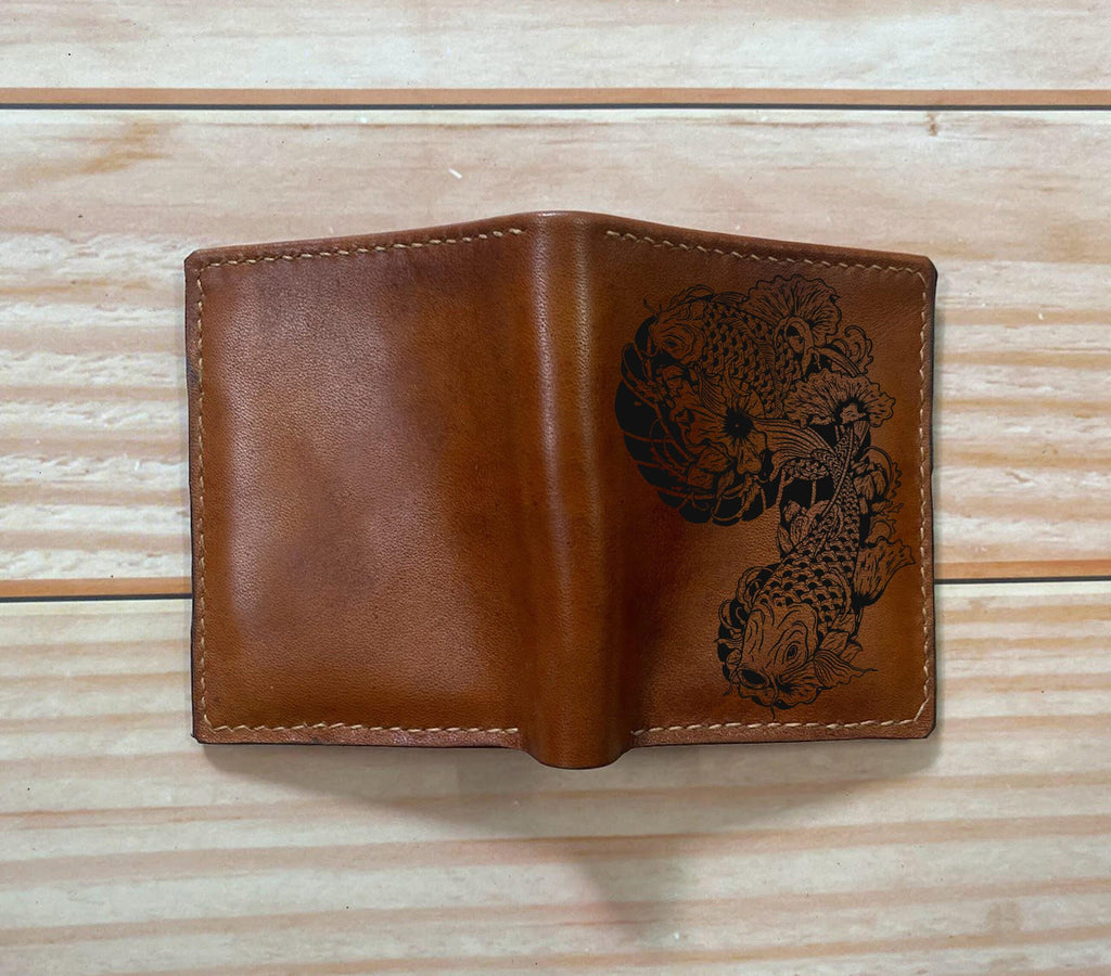 Personalized Leather Wallet: Handmade Koi Fish Engraved Bi-Fold
