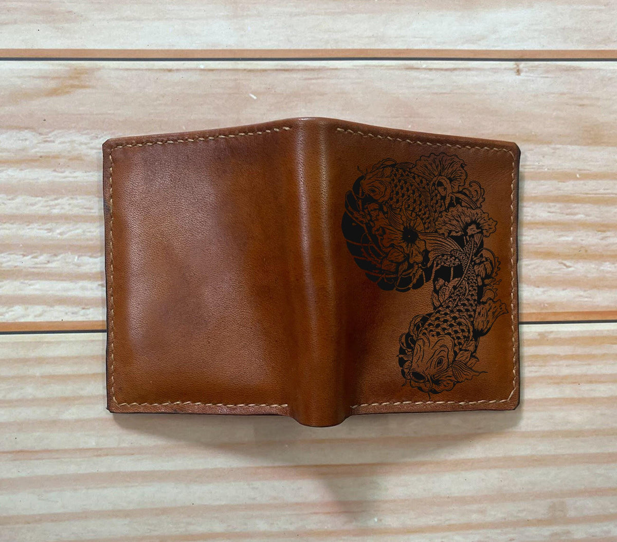Personalized Leather Wallet: Handmade Koi Fish Engraved Bi-Fold