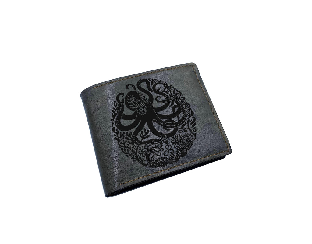 Kraken Leather Wallet: Handmade Octopus Pattern, Customized Gift