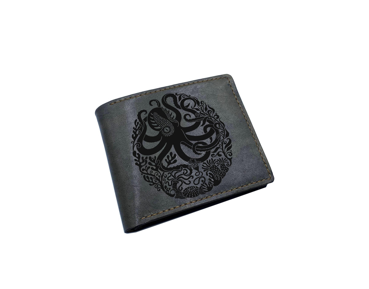 Kraken Leather Wallet: Handmade Octopus Pattern, Customized Gift