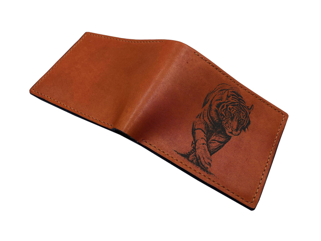 Sabertooth Tiger Drawing Leather Wallet: Engraved Animal Art