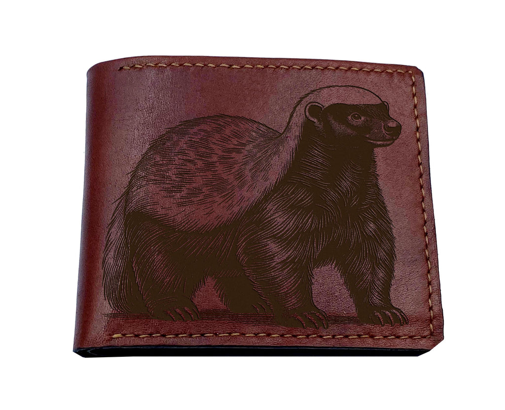 Engraved Honey Badger Leather Wallet - Custom Animal Anniversary Gift