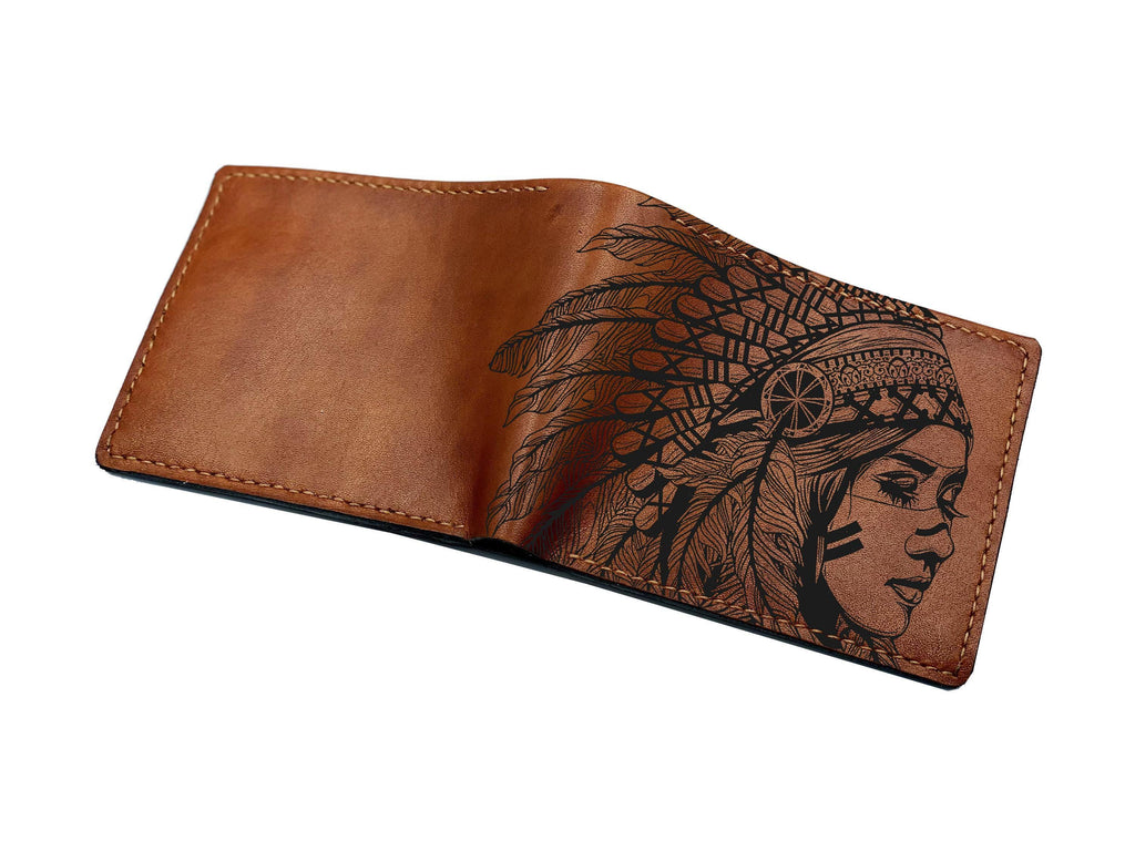Handmade Leather Bifold Wallet: Native American Chief Portrait