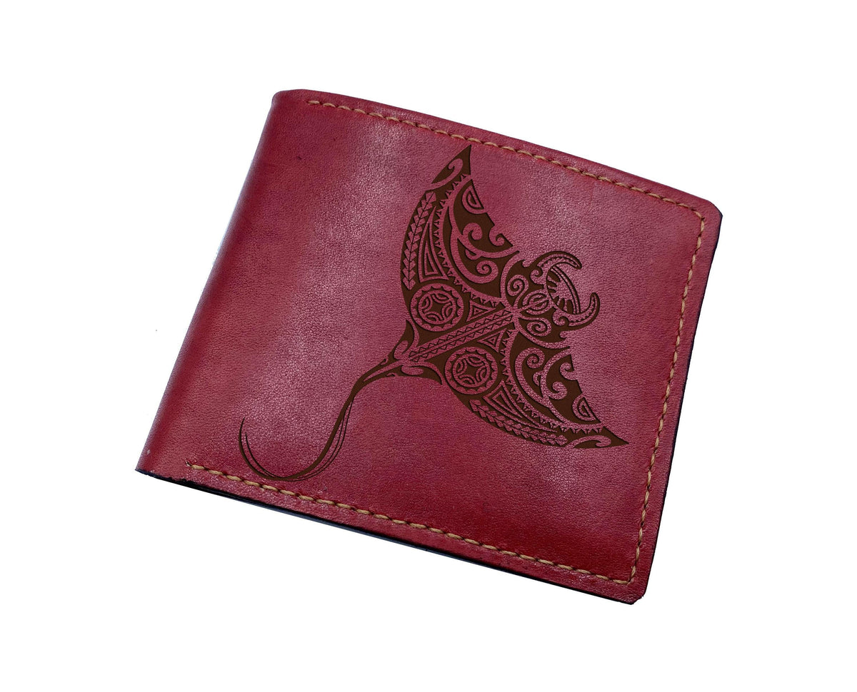Stingray tattoo leather handmade wallet, personalized polynesian fish gift, ocean sea pattern wallet