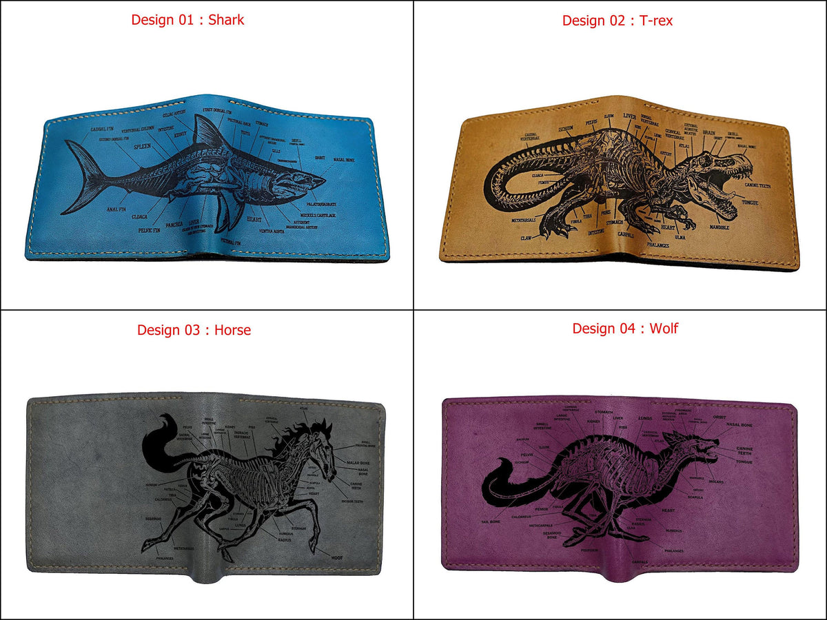 Personalized Dinosaur Anatomy Leather Wallet - Handmade T-rex gifts