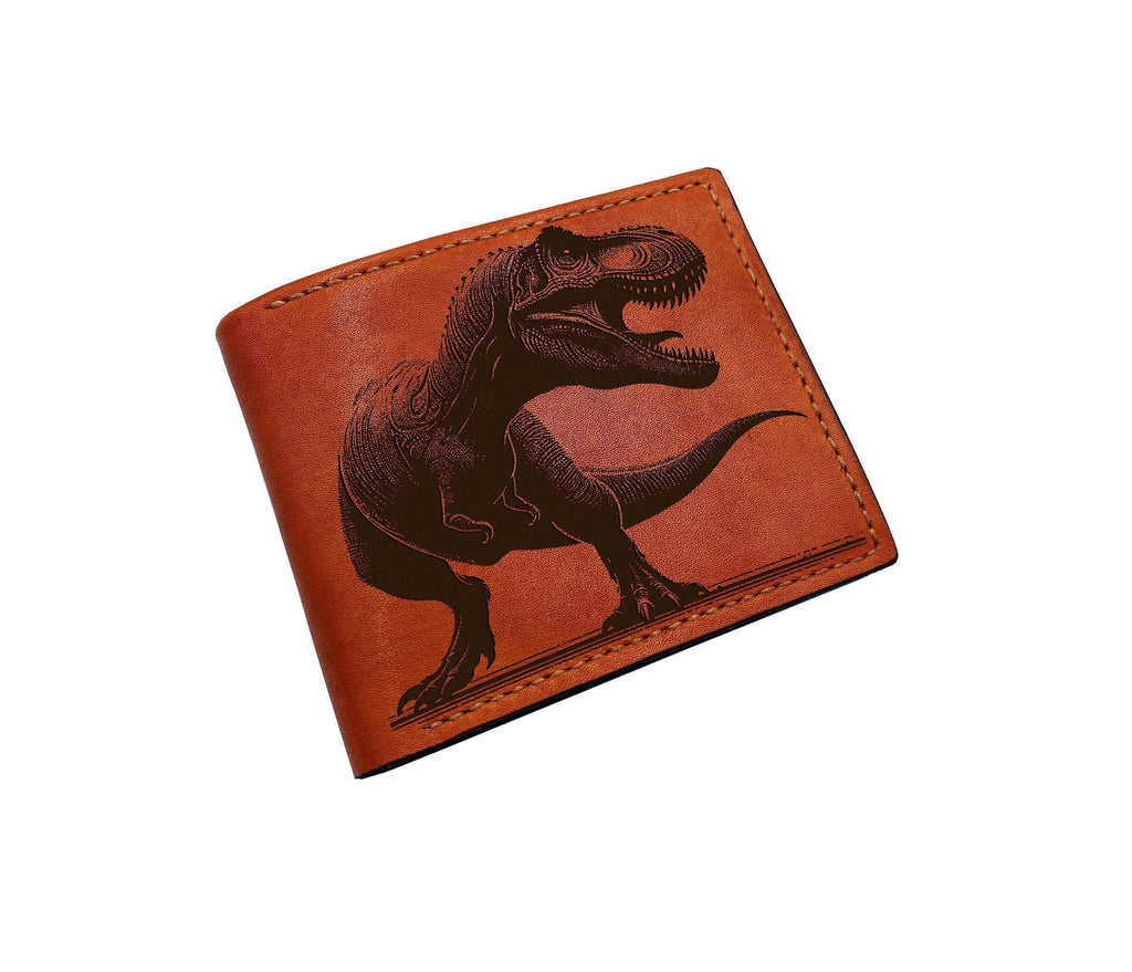 Engraved T-Rex Leather Wallet, Handmade Dinosaur Gift