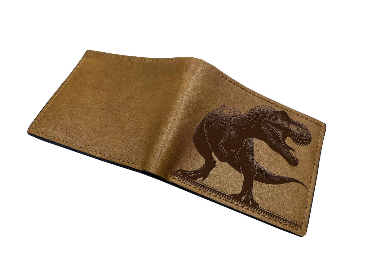 Engraved T-Rex Leather Wallet, Handmade Dinosaur Gift