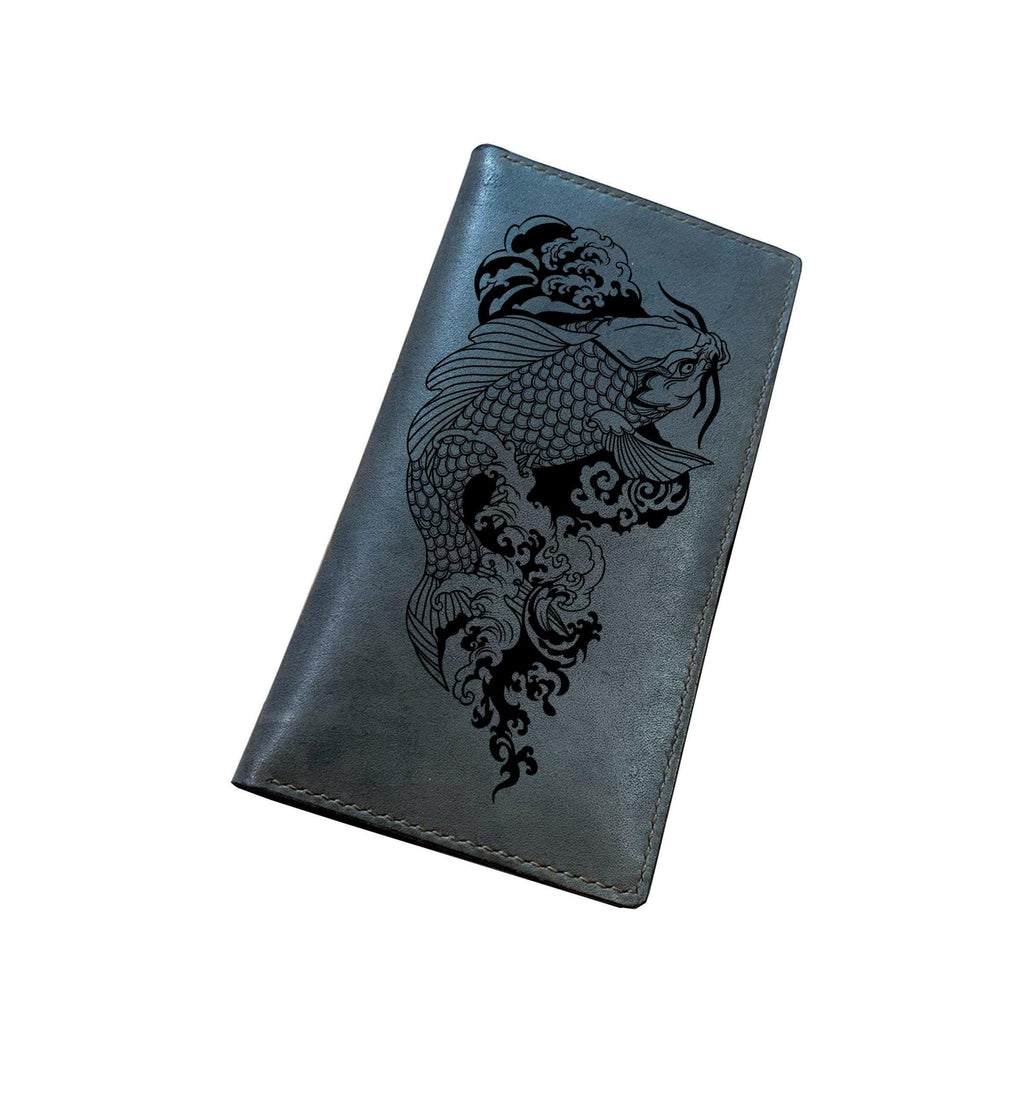 Personalized Koi Fish Leather Wallet for Men, Vegetable-Tanned Cowhide, Engraved Gift