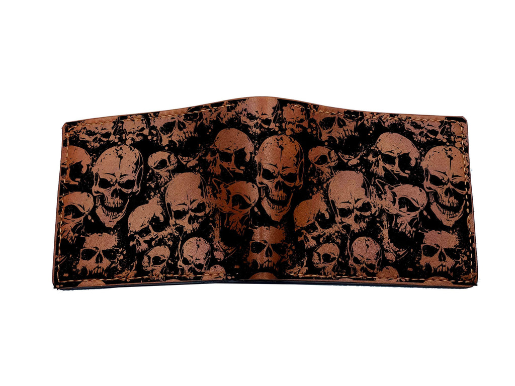 Handmade Leather Bifold Wallet: Skull Horror Pattern, Custom Engraved