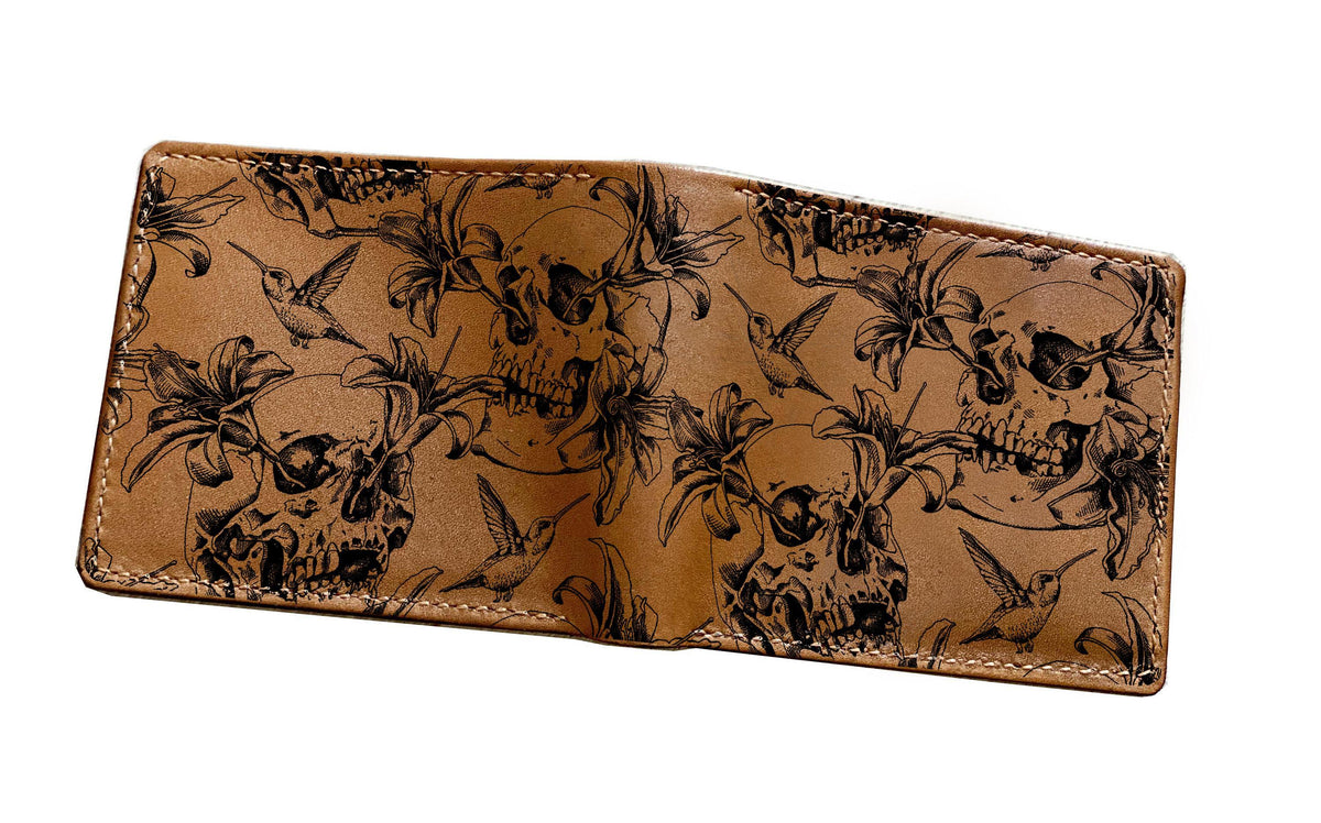 Handmade Leather Bifold Wallet: Skull Horror Pattern, Custom Engraved