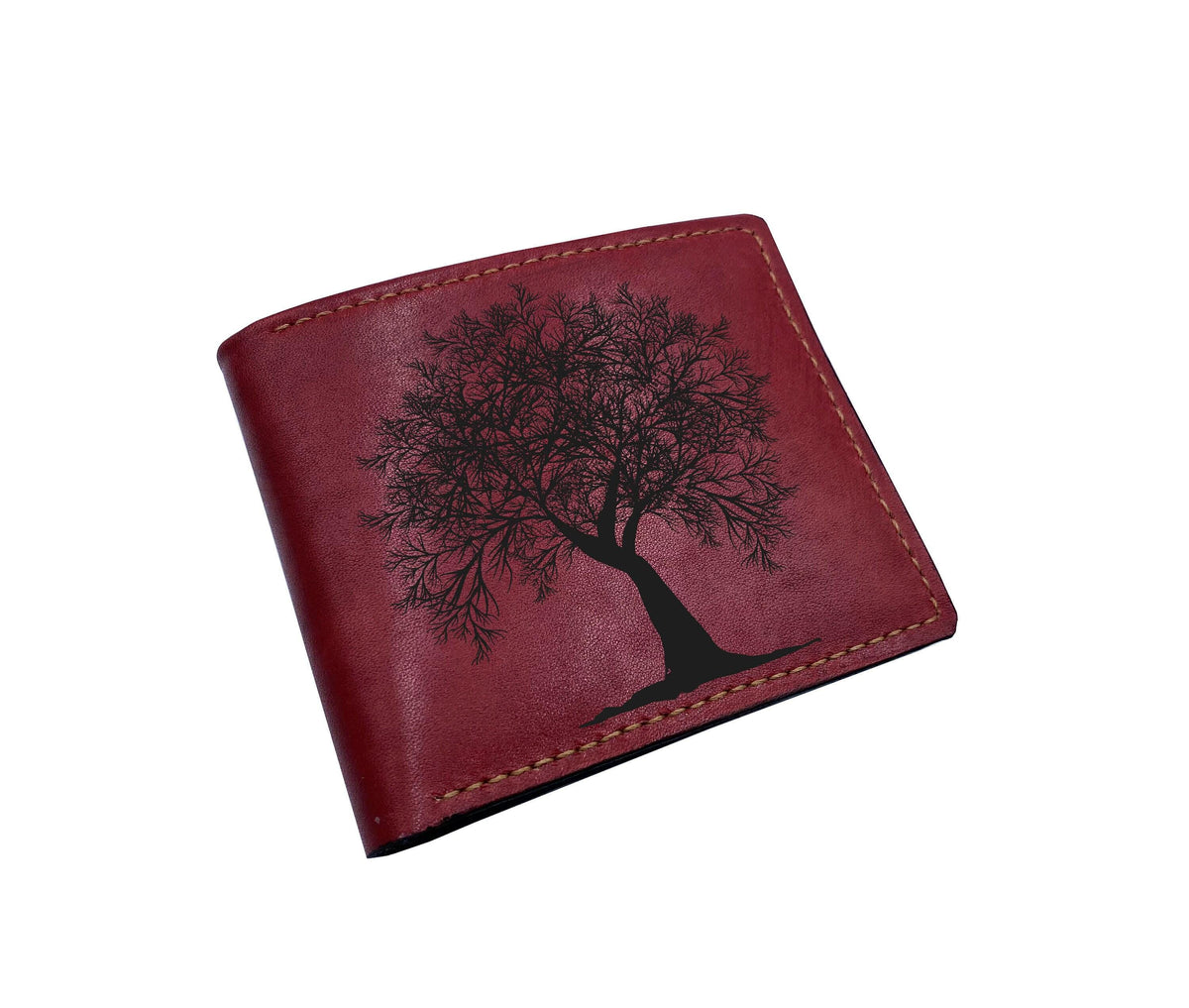 Handmade Leather Wallet, Olive Tree Engraved, Botanic Design
