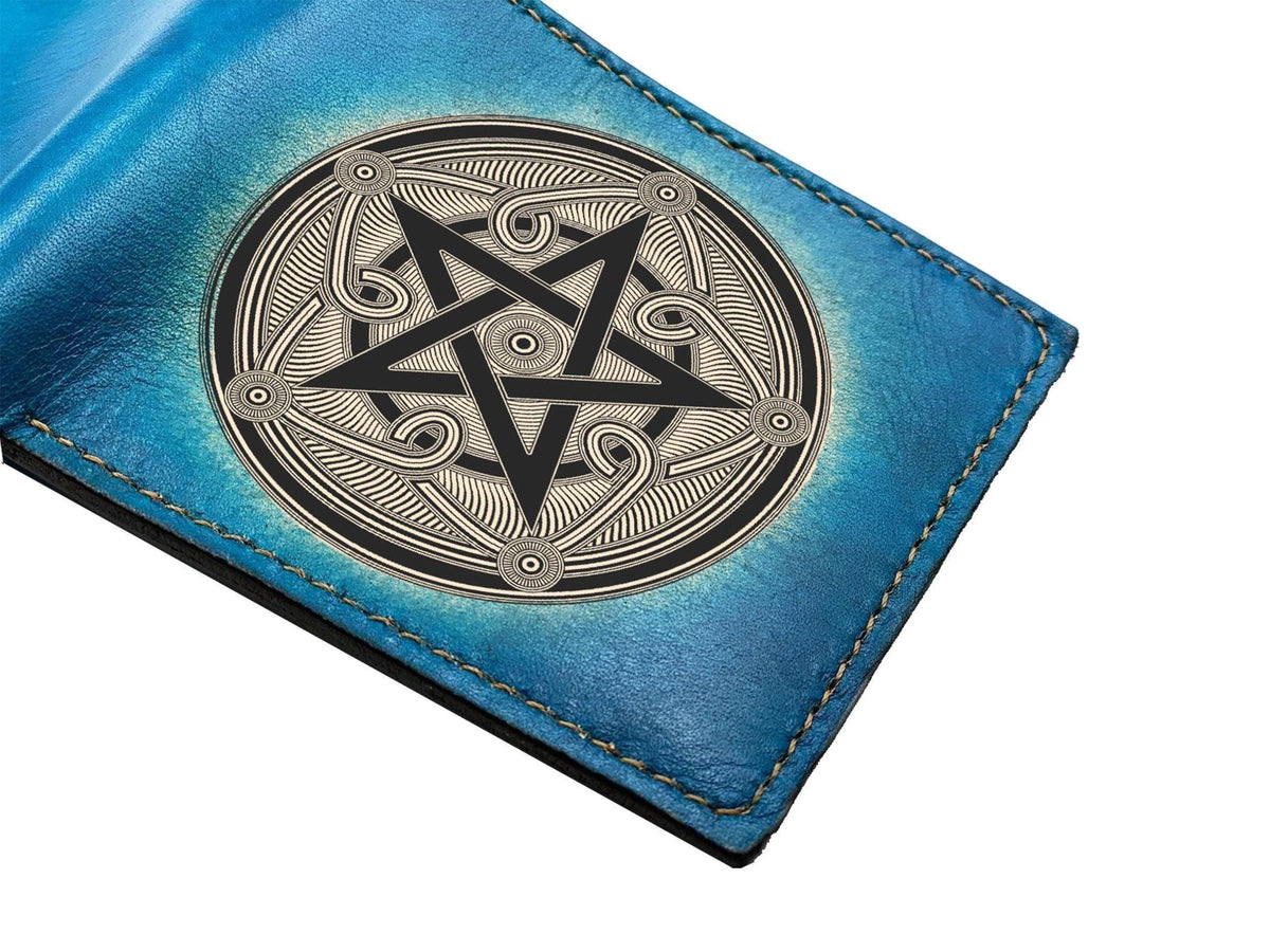 Custom Engraved Leather Pentagram Wallet: Vintage Geometric Design