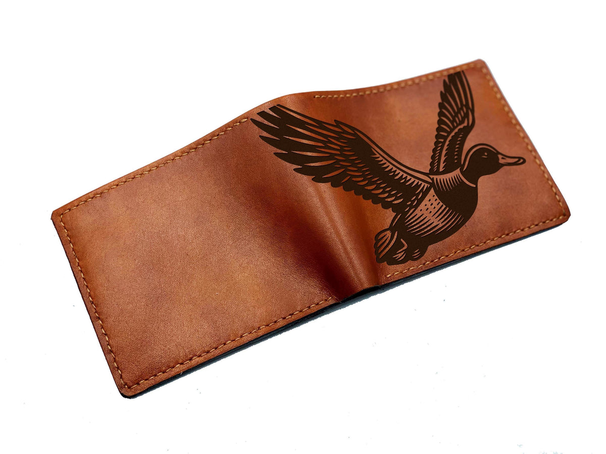 Engraved Duck Leather Wallet: Handmade Hunting Gift