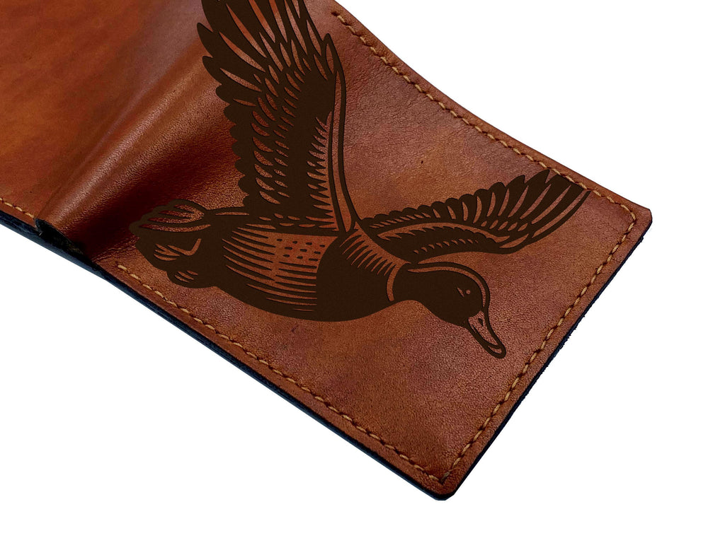 Engraved Duck Leather Wallet: Handmade Hunting Gift
