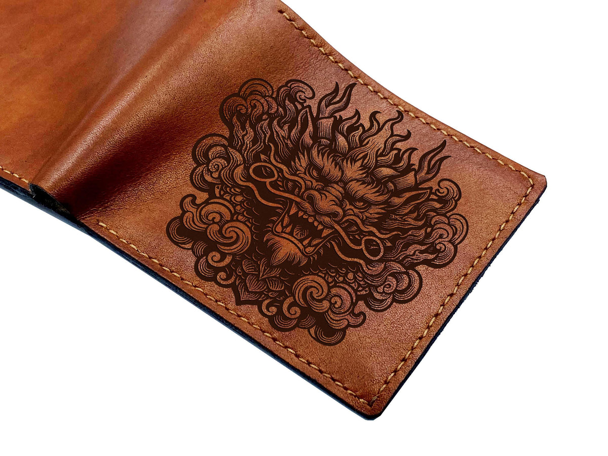 Dragon Leather Wallet: Custom Engraved Handmade Bi-Fold