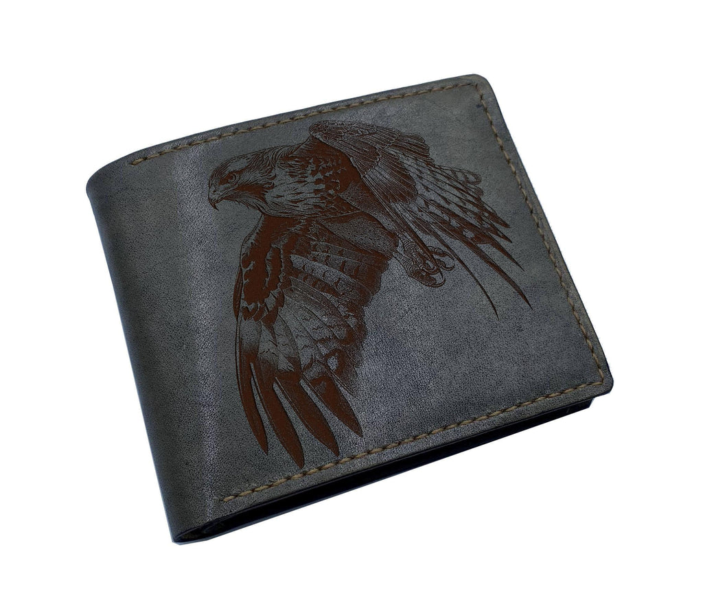 Hawk drawing leather handmade wallet, Falcon engrave travel wallet, bird gift ideas for men