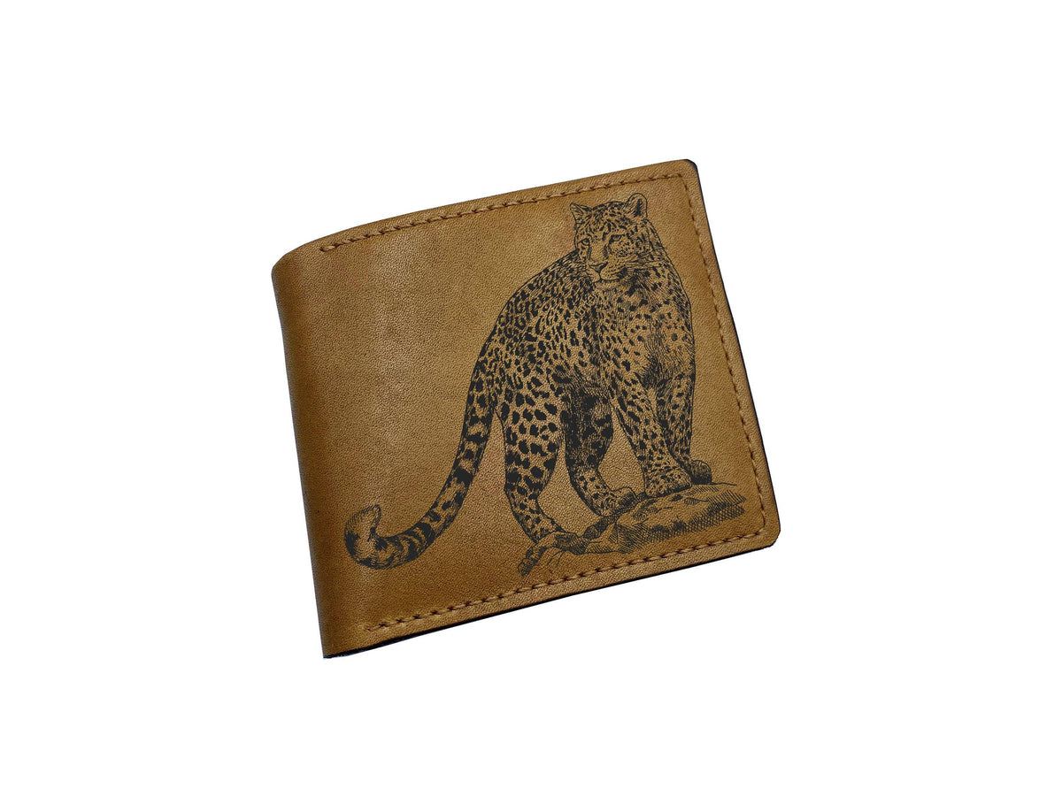 Handmade Leather Wallet, Leopard Sketch Art, Personalized Gift for Dad