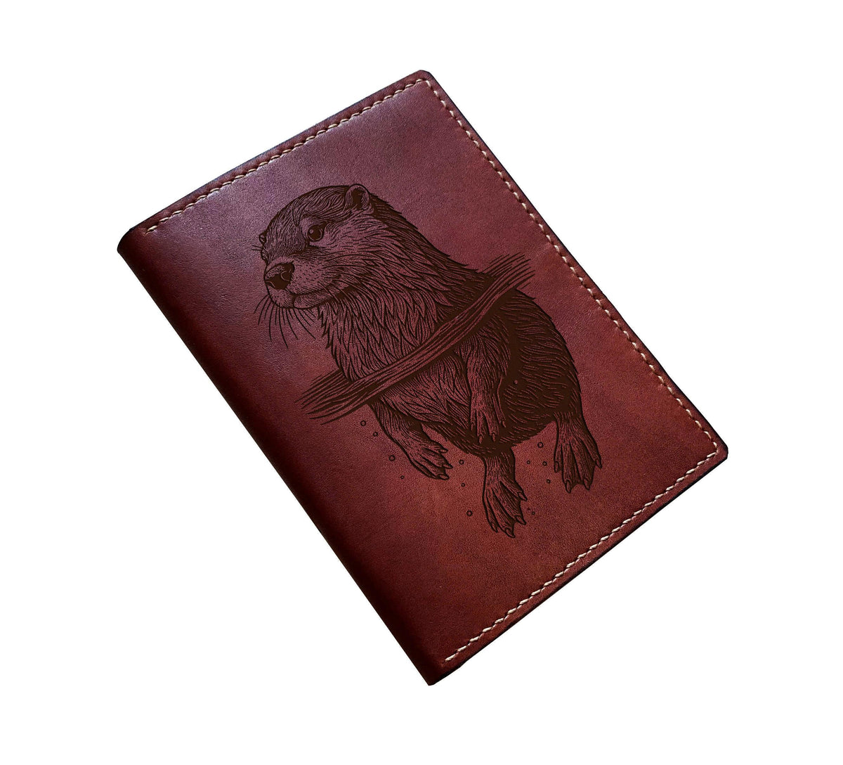Engraved Otter Leather Wallet, Handmade Animal Pattern