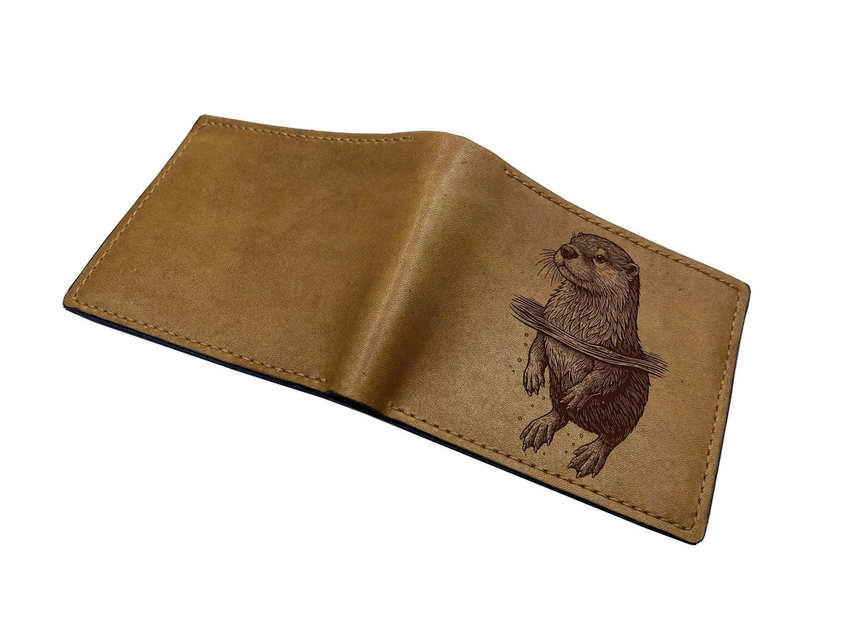 Engraved Otter Leather Wallet, Handmade Animal Pattern