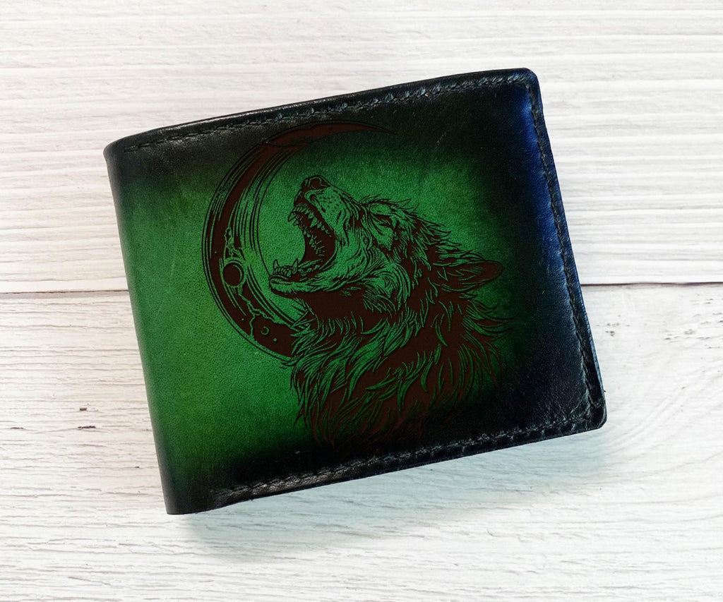 Personalized Wolf Engraved Leather Wallet - Handmade