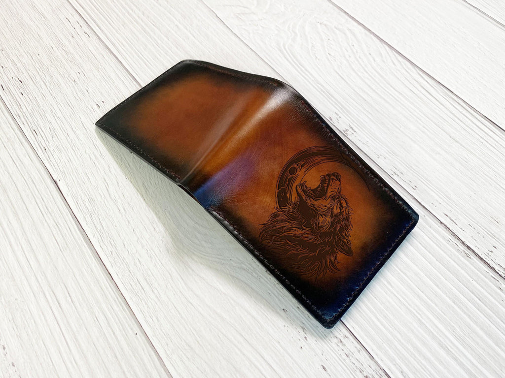 Personalized Wolf Engraved Leather Wallet - Handmade