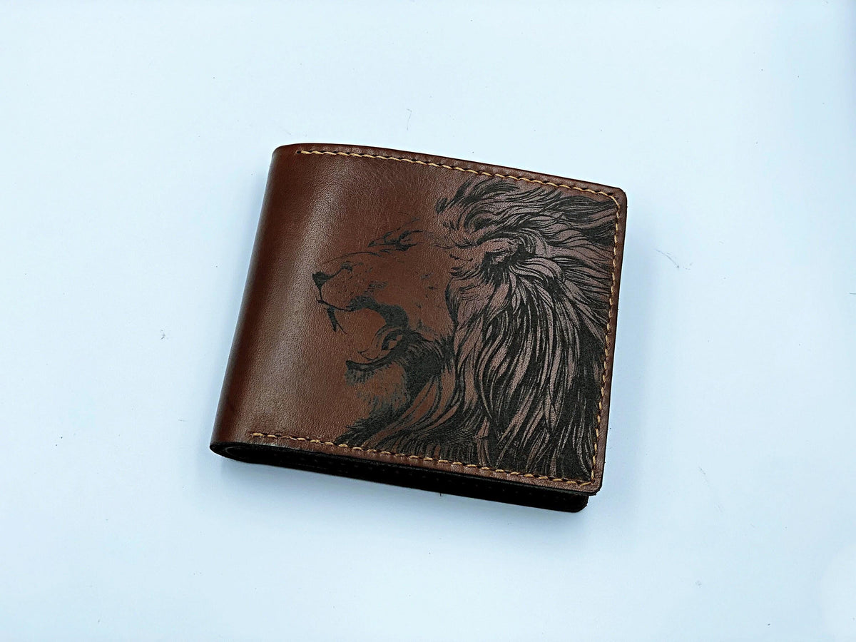 Handmade Lion Leather Wallet, RFID Blocking, Personalized Gift