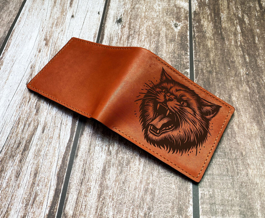 Handmade Leather Cat Wallet, Angry Cat Art Sketch, Gift for Him