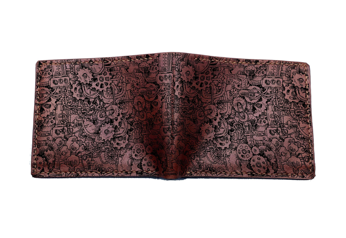 Steampunk Leather Wallet, Genuine Cowhide, Custom Engraved Gift for Him