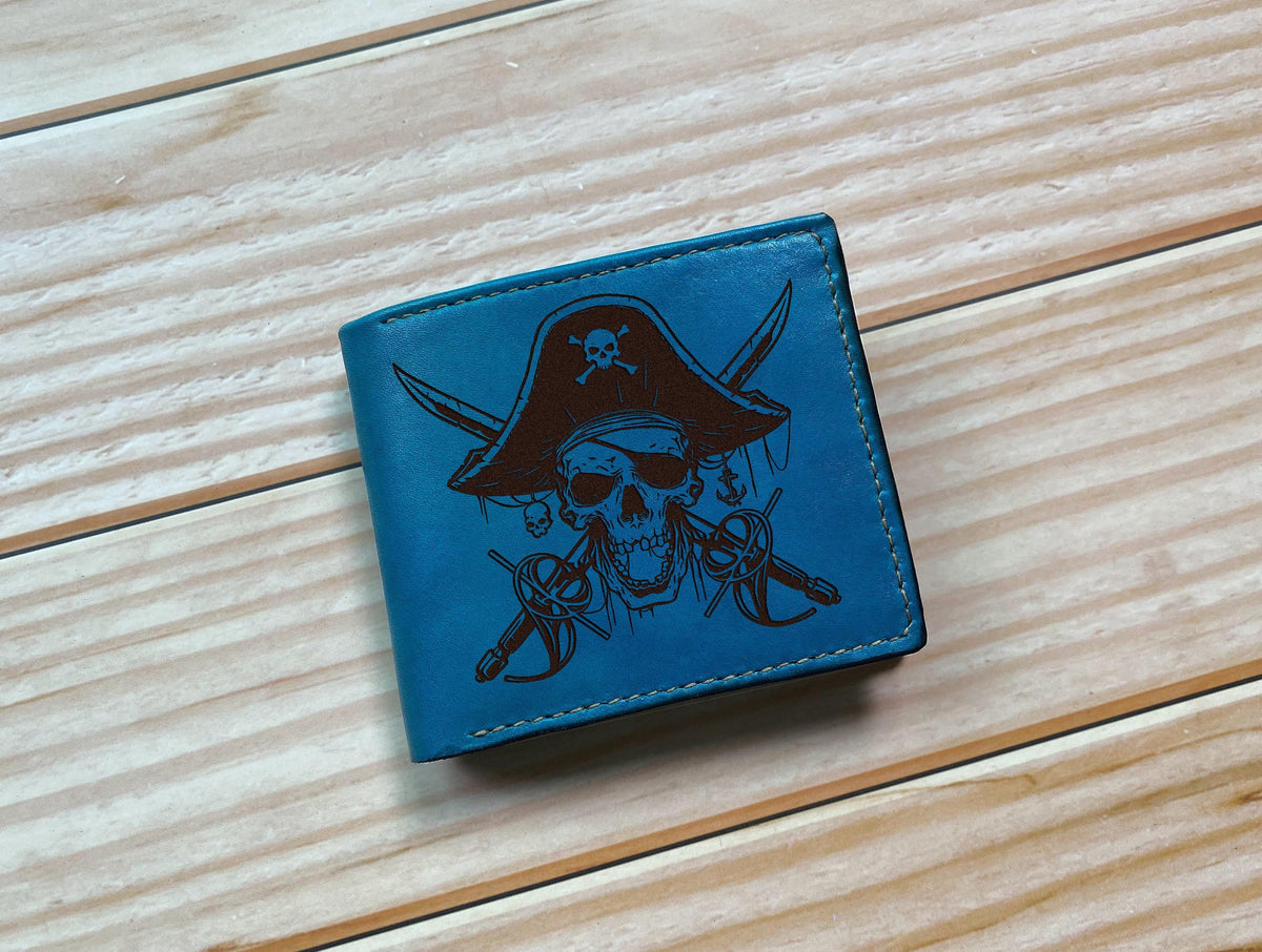 Pirate Skull Leather Wallet: Custom Engraved Bifold Wallet