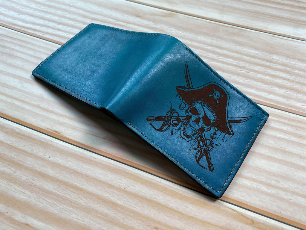 Pirate Skull Leather Wallet: Custom Engraved Bifold Wallet