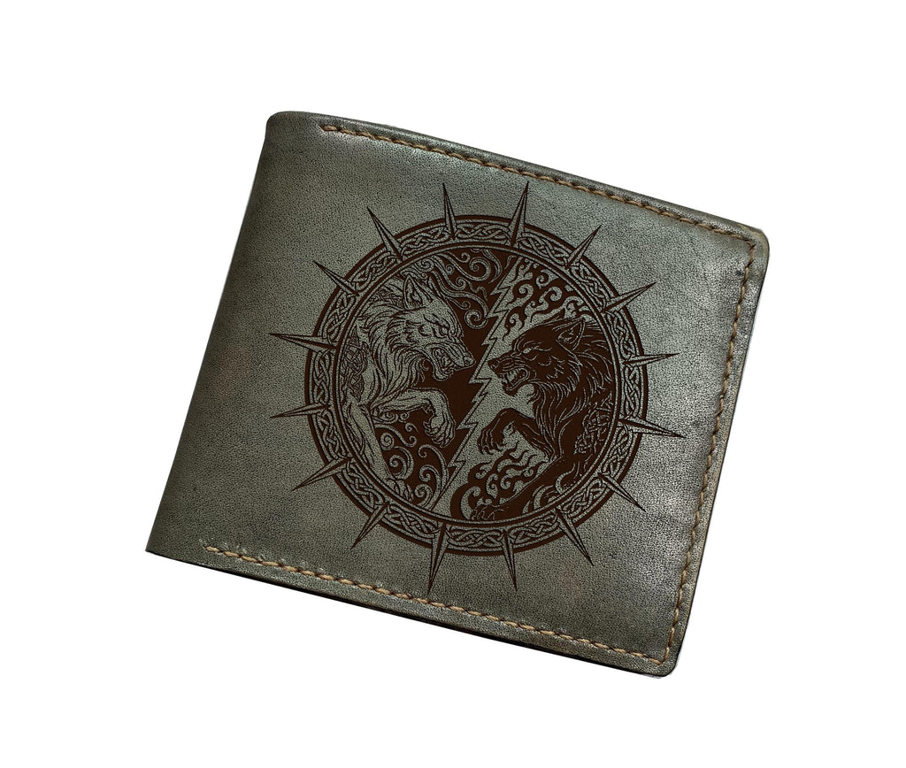 Celtic Wolf Leather Wallet, Norse Runes, Custom Engraved Gift