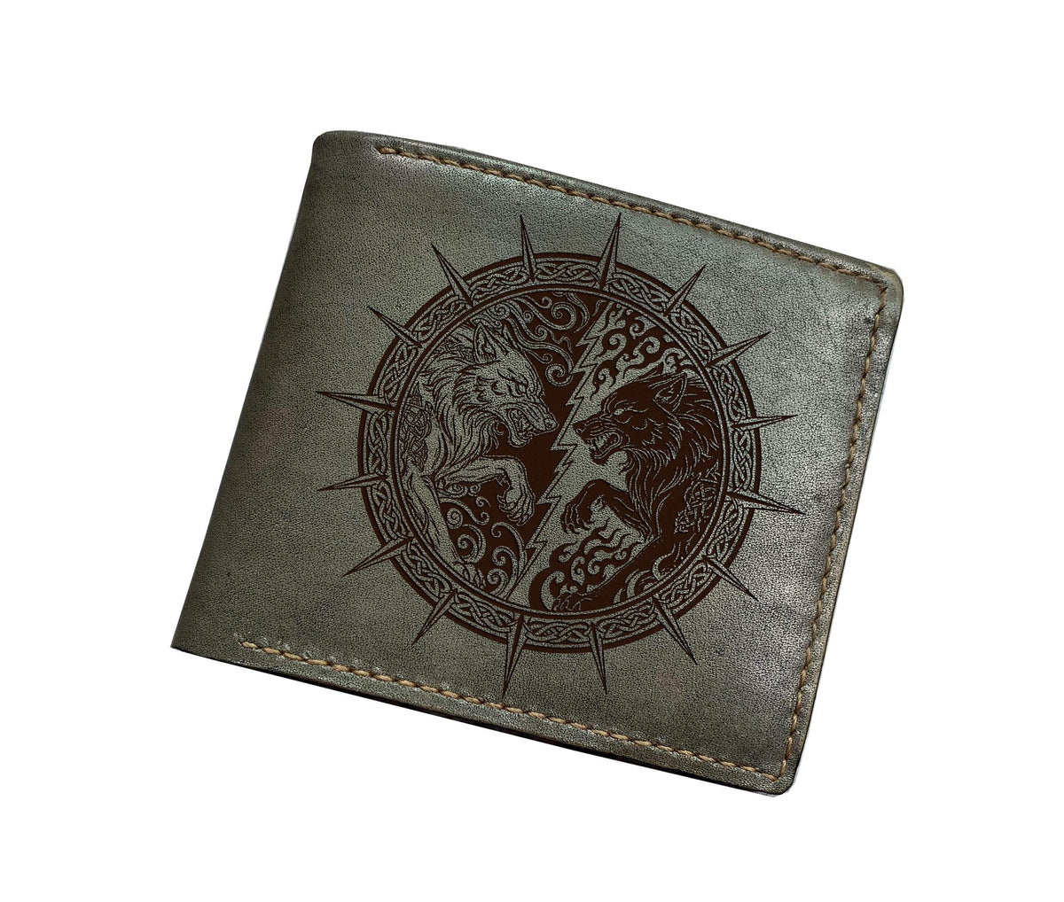 Celtic Wolf Leather Wallet, Norse Runes, Custom Engraved Gift