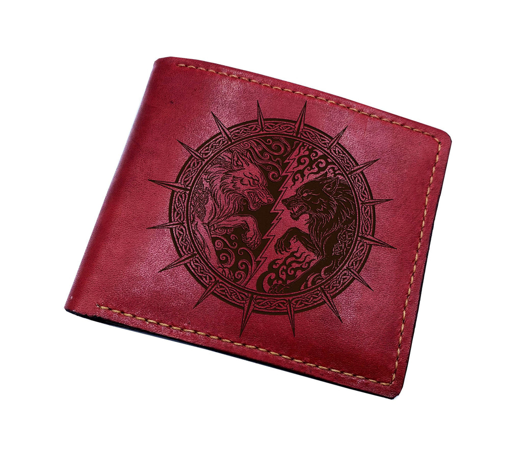Celtic Wolf Leather Wallet, Norse Runes, Custom Engraved Gift