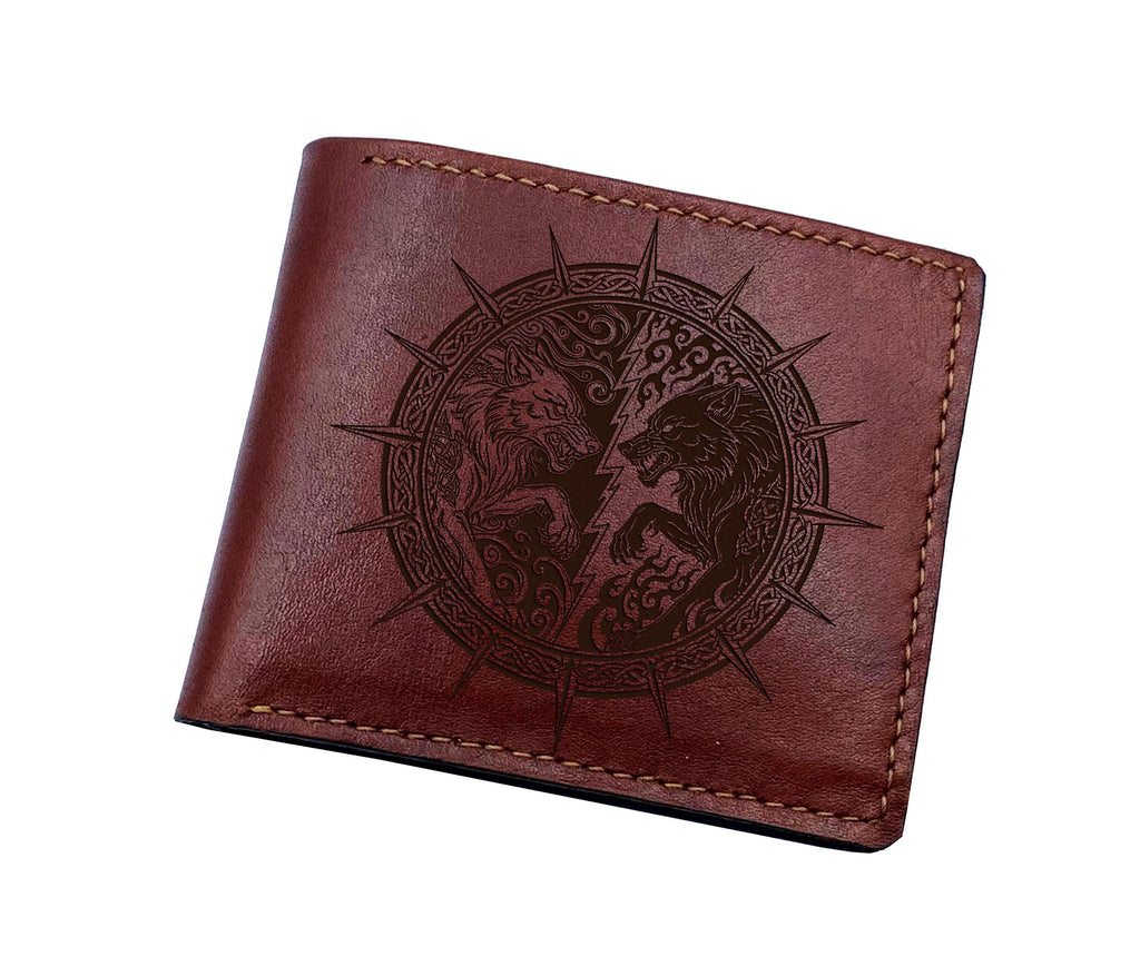 Celtic Wolf Leather Wallet, Norse Runes, Custom Engraved Gift