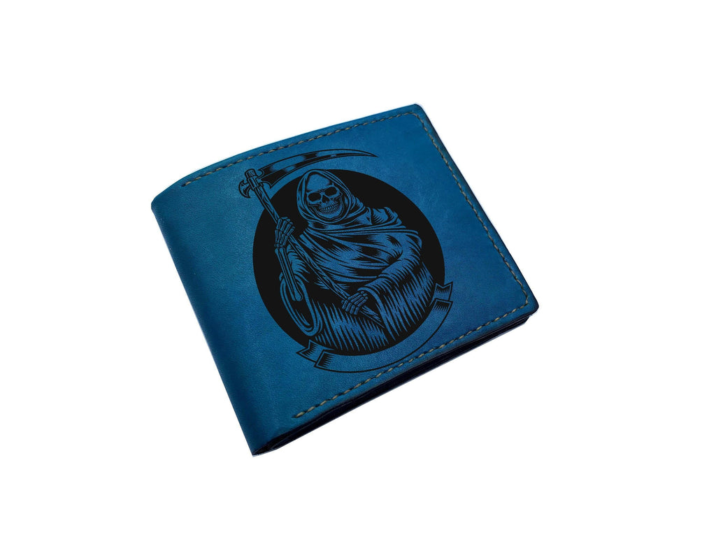 Engraved Leather Bifold Wallet, Death Art, Handmade Genuine Leather