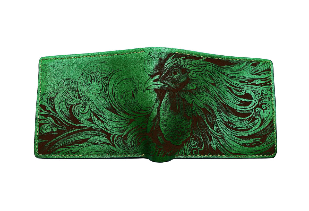Chicken Floral Leather Wallet: Handmade Farm Animal Art, Custom Engraved