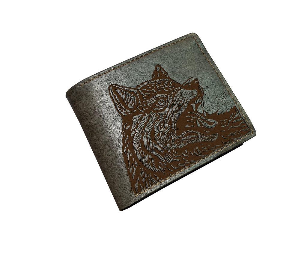 Handmade Leather Wolf Wallet, Custom Engraved Animal Pattern