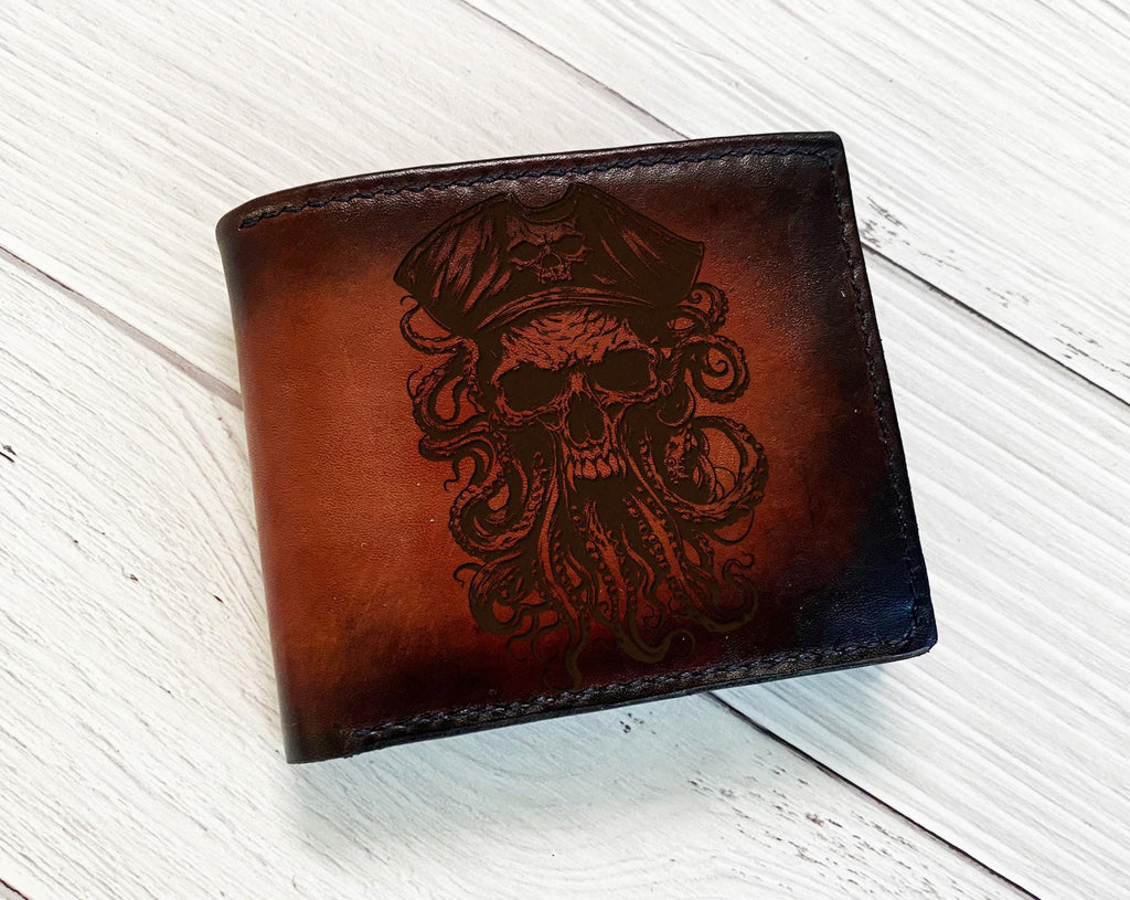 Engraved Pirate Skull Leather Wallet, Personalized Bifold