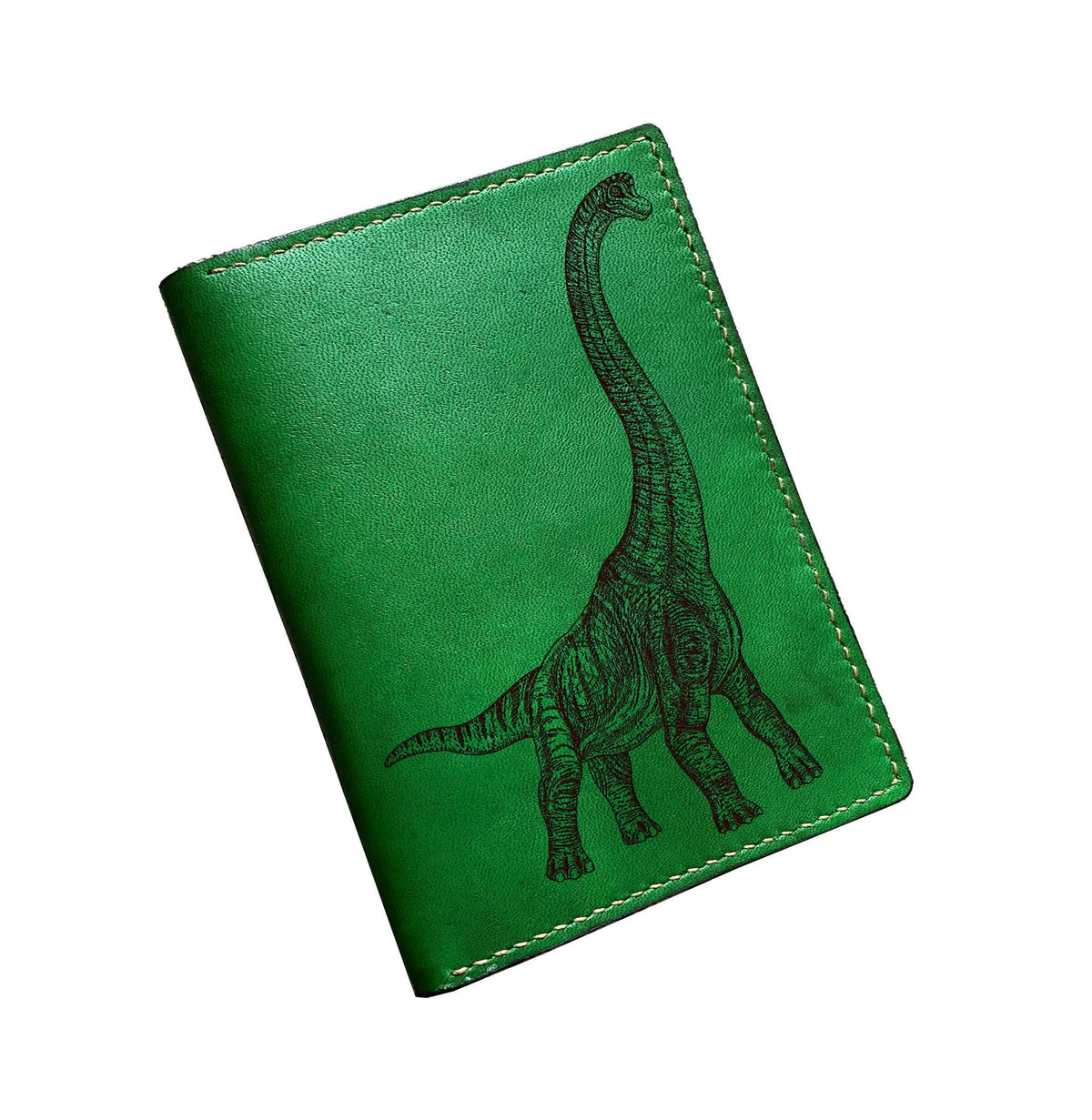 Handcrafted Leather Passport Wallet: Diplodocus Dinosaur Engraving