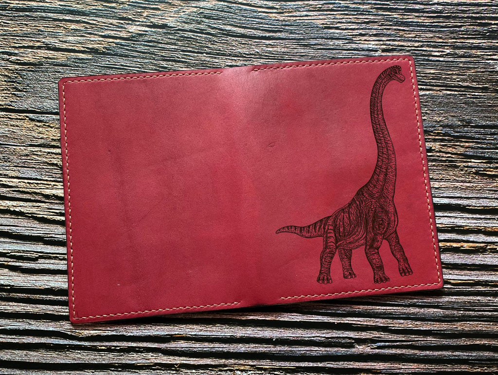 Handcrafted Leather Passport Wallet: Diplodocus Dinosaur Engraving