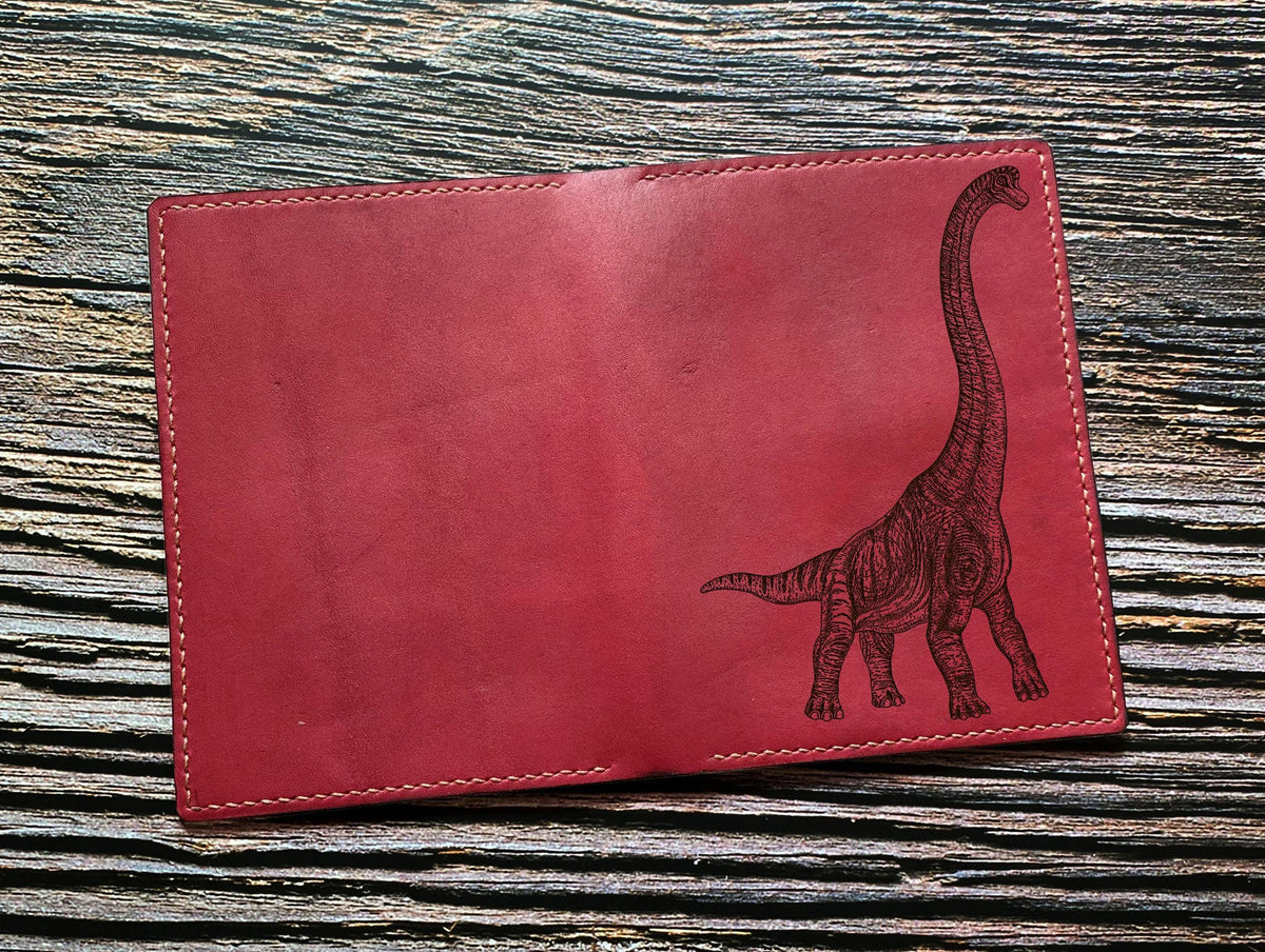 Handcrafted Leather Passport Wallet: Diplodocus Dinosaur Engraving