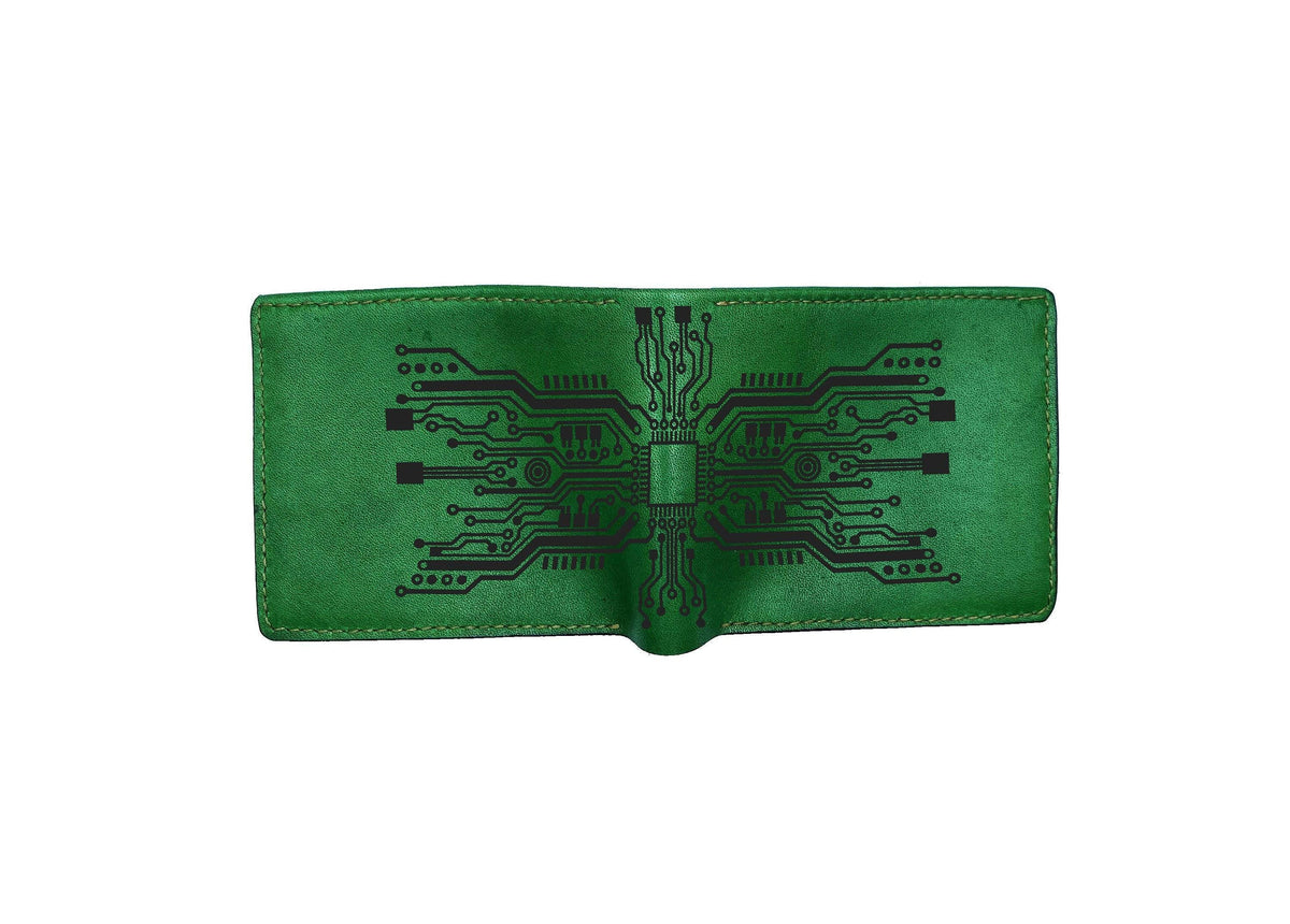 Green Leather Men's Wallet, Circuit Board Engraved, Personalized Gift