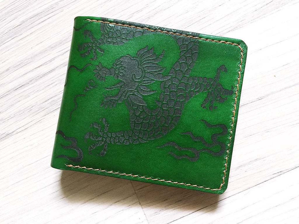 Handmade Leather Dragon Wallet, Personalized Chinese Gift