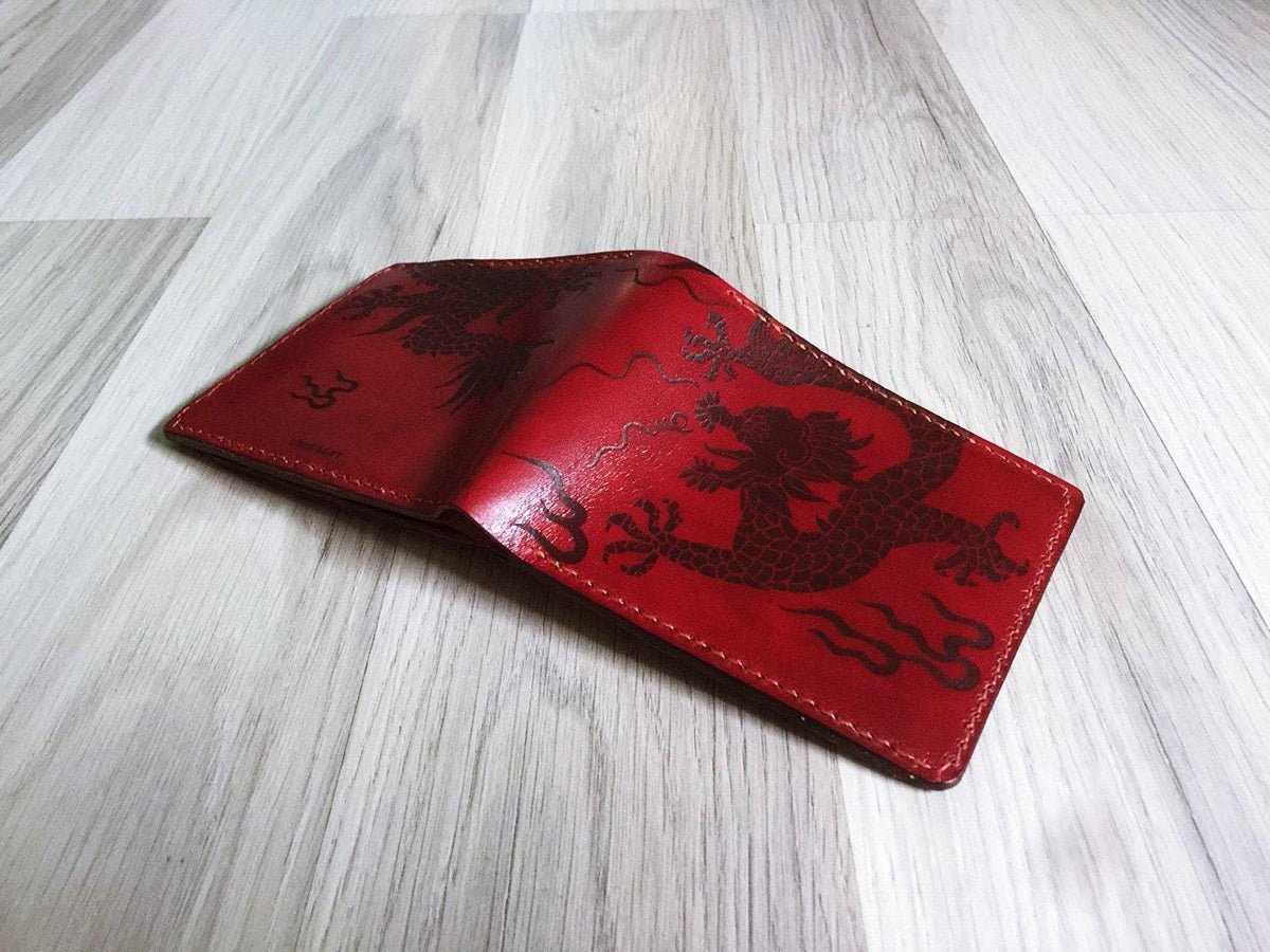Handmade Leather Dragon Wallet, Personalized Chinese Gift