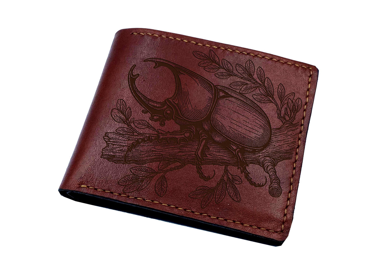 Rhino Beetle genuine leather wallet, insect personalized gifts, name engrave bifold wallet